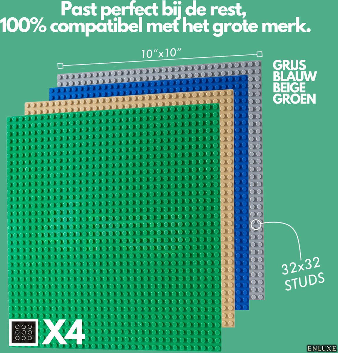 Enluxe Set van 4 Kleurrijke Bouwplaten l 32x32 Noppen | Geschikt voor Diverse Bouwstenen | Kleuren: Grijs, Wit, Blauw, Groen | Perfect voor Creatieve Bouwprojecten